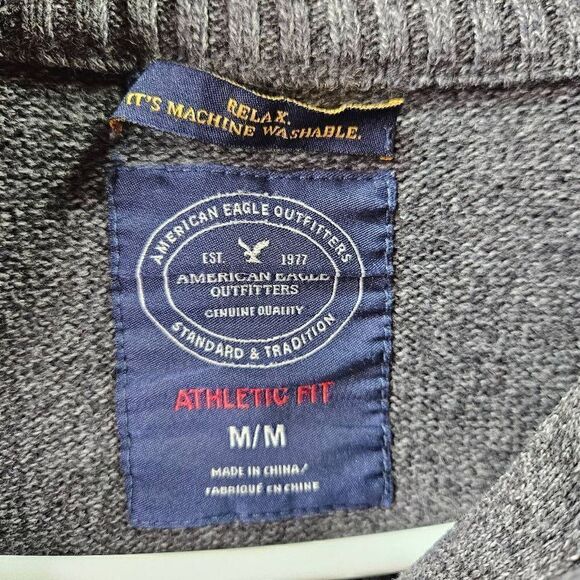 American Eagle Sweater Mens Sz M Gray Knit Athletic Fit 1/4 Zip Button Pullover - Picture 4 of 9